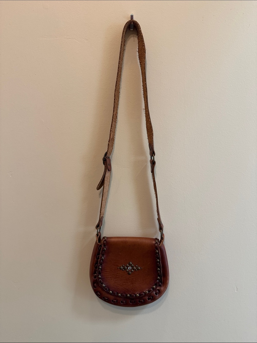 American Eagle Outfitters Brown Leather Crossbody Saddle Bag with Stud Detail